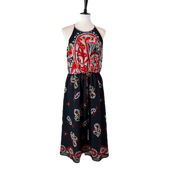 LOFT Midi Dress Halter Neck Blouson Tie Waist Chiffon Black Red Women’s Large - Picture 1 of 10
